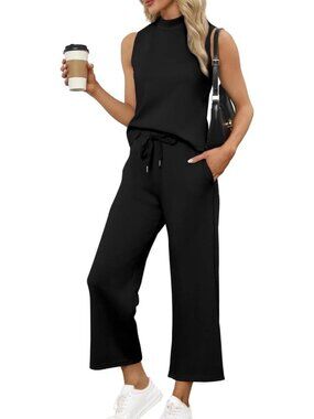 Women's Black Two Piece Set Summer Outfits Lounge Sets Mock Neck Tops Wide Leg